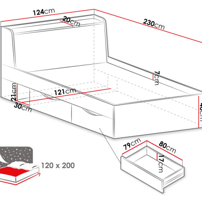 Jednolůžková postel se šuplíky 120x200 SAUTA - dub / antracitová
