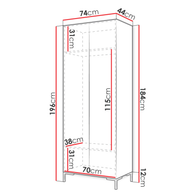 Úzká šatní skříň 74 cm se zrcadlem VANDET - bílá