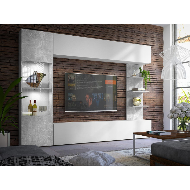 Moderní obývací stěna s LED osvětlením FORDE - beton / bílá