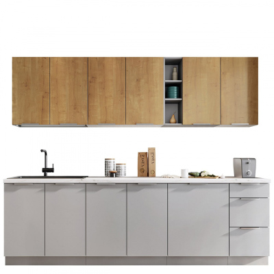Kuchyňský nábytek s LED osvětlením 260/260 cm REHNA 3 - bílý / dub burlington / šedá platina