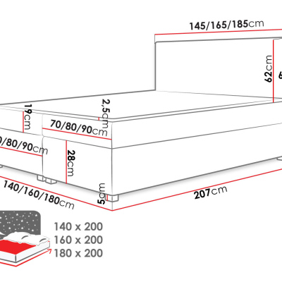 Americká manželská postel s vysokým čelem 140x200 PITEA - tmavá šedá + topper ZDARMA