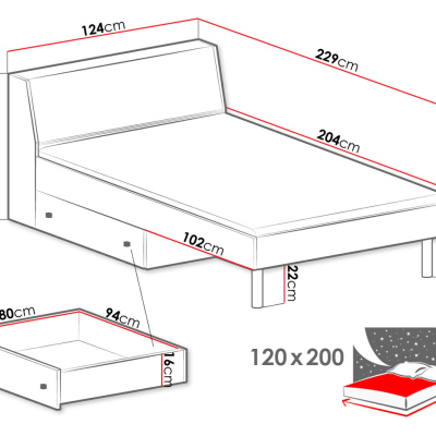 Jednolůžková postel s úložným prostorem 120x200 ALANEN - dub artisan / šedá / bílá