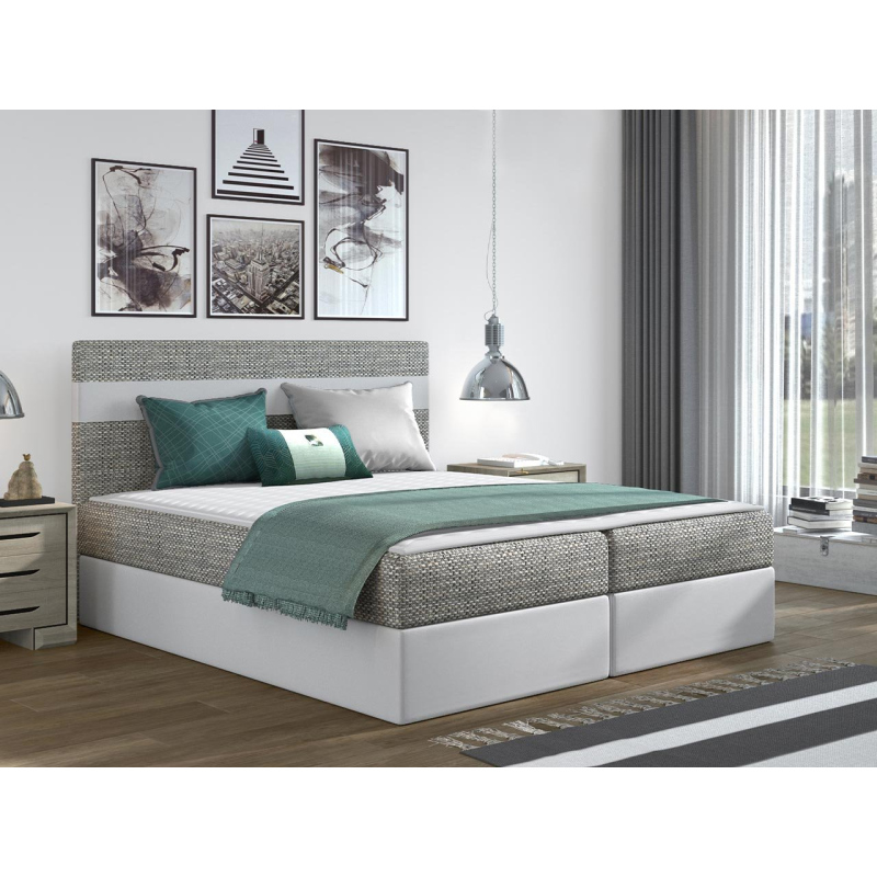 Hotelová manželská postel 180x200 SESKARO - světlá šedá / bílá ekokůže + topper ZDARMA