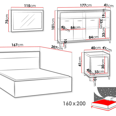 Ložnicová sestava s postelí 160x200 SUCRE 1 - ořech hikora / dub / černé nožky