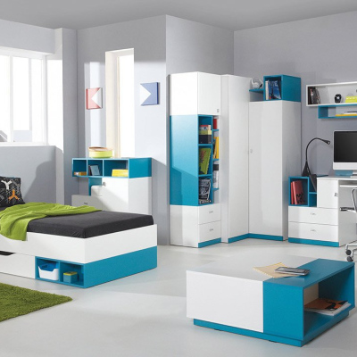 Nábytek do dětského pokoje s postelí 90x200 HARKA 3 - bílý / modrý