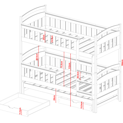 Patrová postel se šuplíky a přistýlkou HAFIA - 80x160, šedá