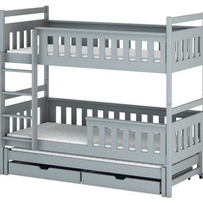 Patrová postel se šuplíky a přistýlkou KALIDA - 90x200, šedá