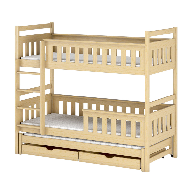 Patrová postel se šuplíky a přistýlkou KALIDA - 90x200, borovice