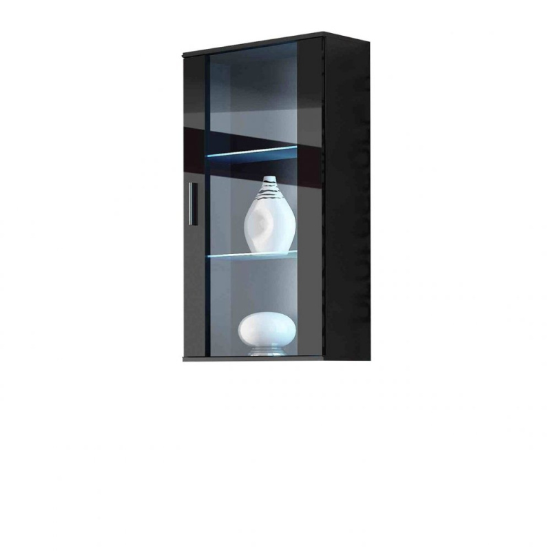 VÝPRODEJ - Závěsná vitrína s LED modrým osvětlením KARA - černá / lesklá černá