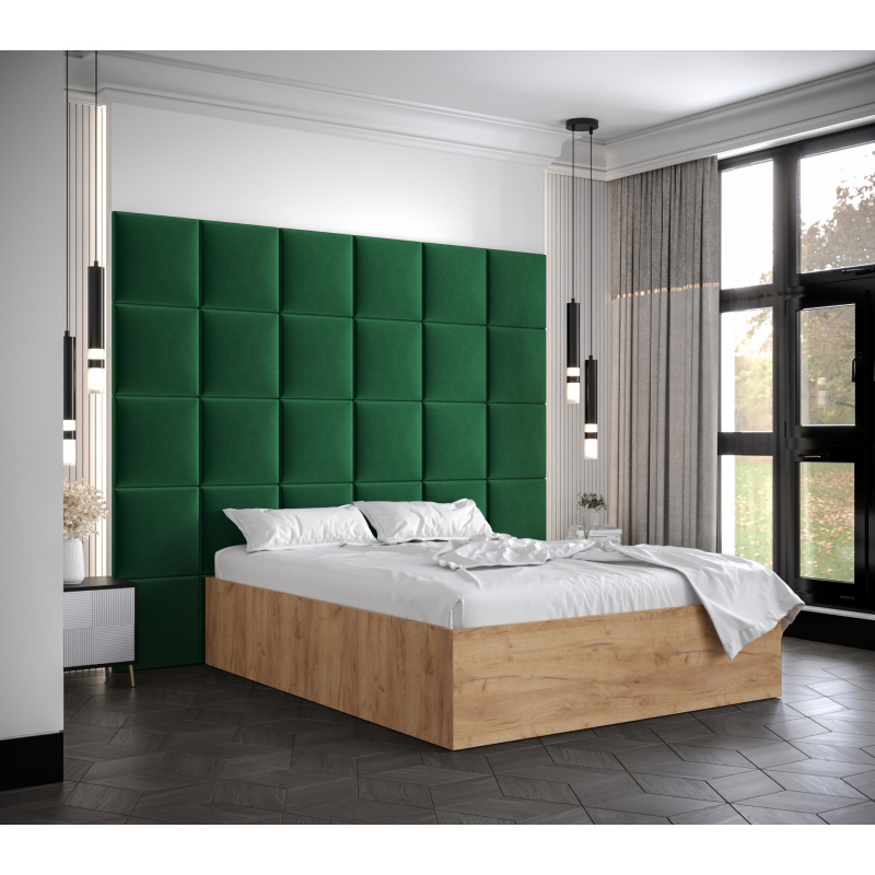 Manželská postel s čalouněnými panely MIA 3 - 140x200, dub zlatý, zelené panely