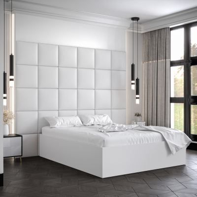 Manželská postel s čalouněnými panely MIA 3 - 140x200, bílá, bílé panely z ekokůže