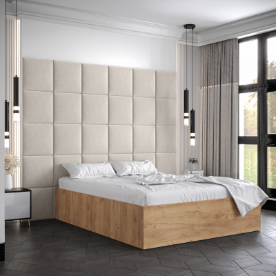 Manželská postel s čalouněnými panely MIA 3 - 140x200, dub zlatý, béžové panely