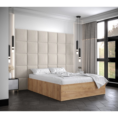 Manželská postel s čalouněnými panely MIA 3 - 140x200, dub zlatý, béžové panely