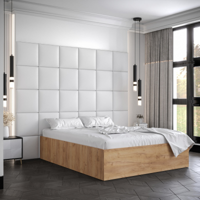 Manželská postel s čalouněnými panely MIA 3 - 140x200, dub zlatý, bílé panely z ekokůže