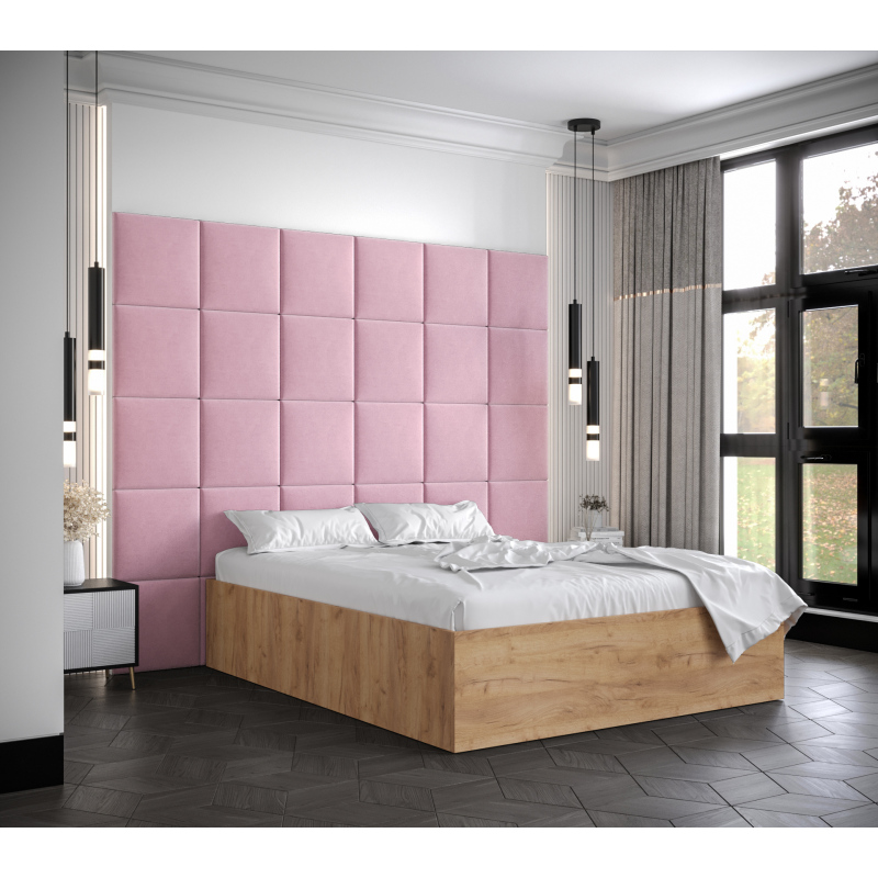 Manželská postel s čalouněnými panely MIA 3 - 140x200, dub zlatý, růžové panely