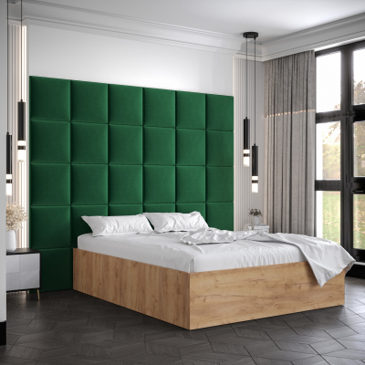 Manželská postel s čalouněnými panely MIA 3 - 160x200, dub zlatý, zelené panely