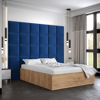 Manželská postel s čalouněnými panely MIA 3 - 160x200, dub zlatý, modré panely