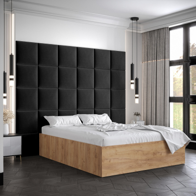 Manželská postel s čalouněnými panely MIA 3 - 160x200, dub zlatý, černé panely