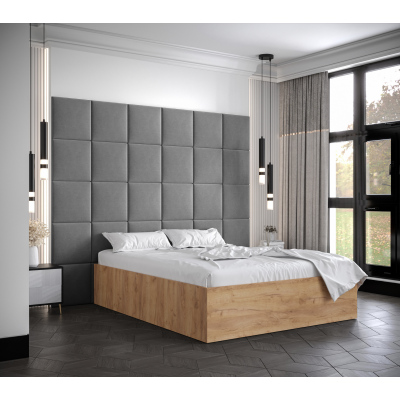 Manželská postel s čalouněnými panely MIA 3 - 160x200, dub zlatý, šedé panely