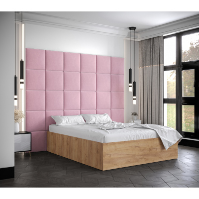 Manželská postel s čalouněnými panely MIA 3 - 160x200, dub zlatý, růžové panely