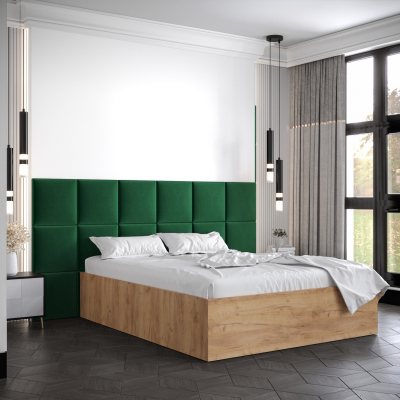 Manželská postel s čalouněnými panely MIA 4 - 160x200, dub zlatý, zelené panely