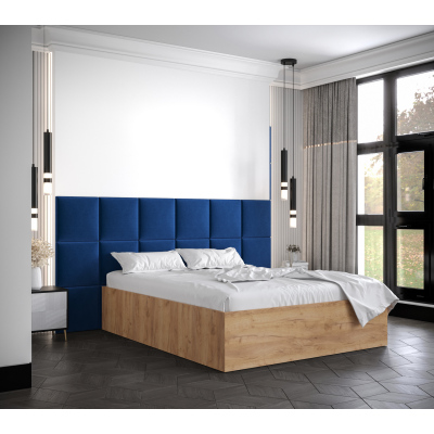 Manželská postel s čalouněnými panely MIA 4 - 160x200, dub zlatý, modré panely