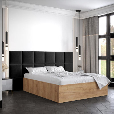 Manželská postel s čalouněnými panely MIA 4 - 160x200, dub zlatý, černé panely
