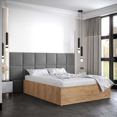 Manželská postel s čalouněnými panely MIA 4 - 160x200, dub zlatý, šedé panely