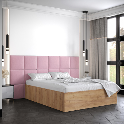 Manželská postel s čalouněnými panely MIA 4 - 160x200, dub zlatý, růžové panely