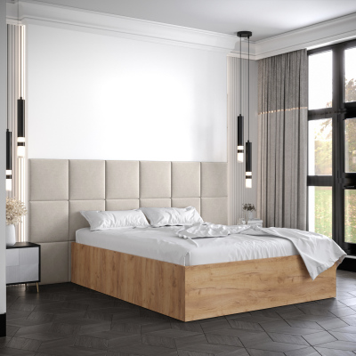 Manželská postel s čalouněnými panely MIA 4 - 160x200, dub zlatý, béžové panely