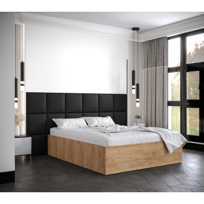 Manželská postel s čalouněnými panely MIA 4 - 160x200, dub zlatý, černé panely z ekokůže