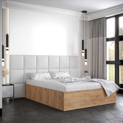 Manželská postel s čalouněnými panely MIA 4 - 160x200, dub zlatý, bílé panely z ekokůže