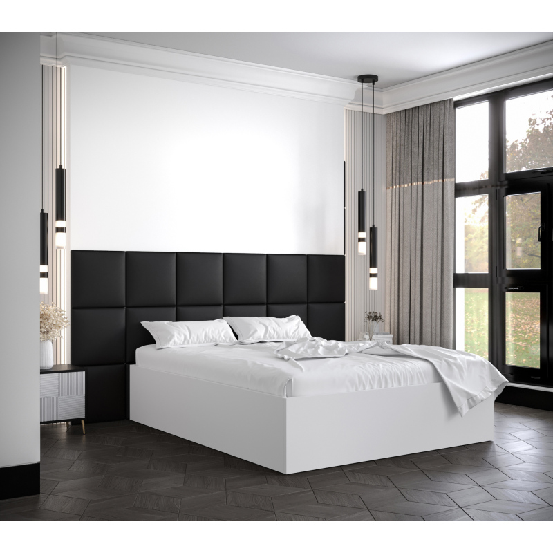 Manželská postel s čalouněnými panely MIA 4 - 140x200, bílá, černé panely z ekokůže