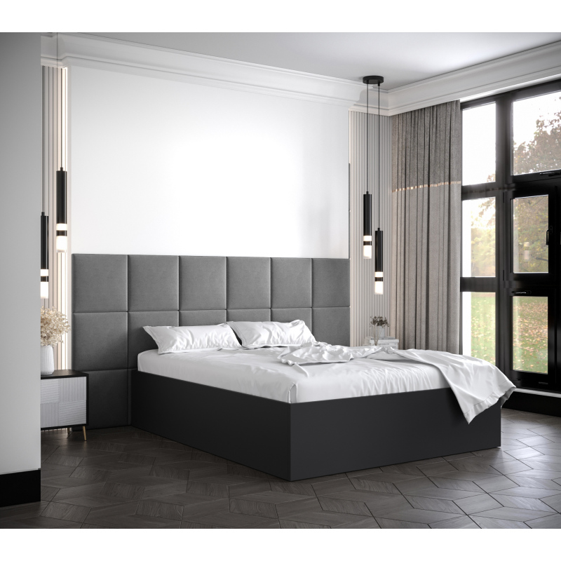 Manželská postel s čalouněnými panely MIA 4 - 140x200, černá, šedé panely