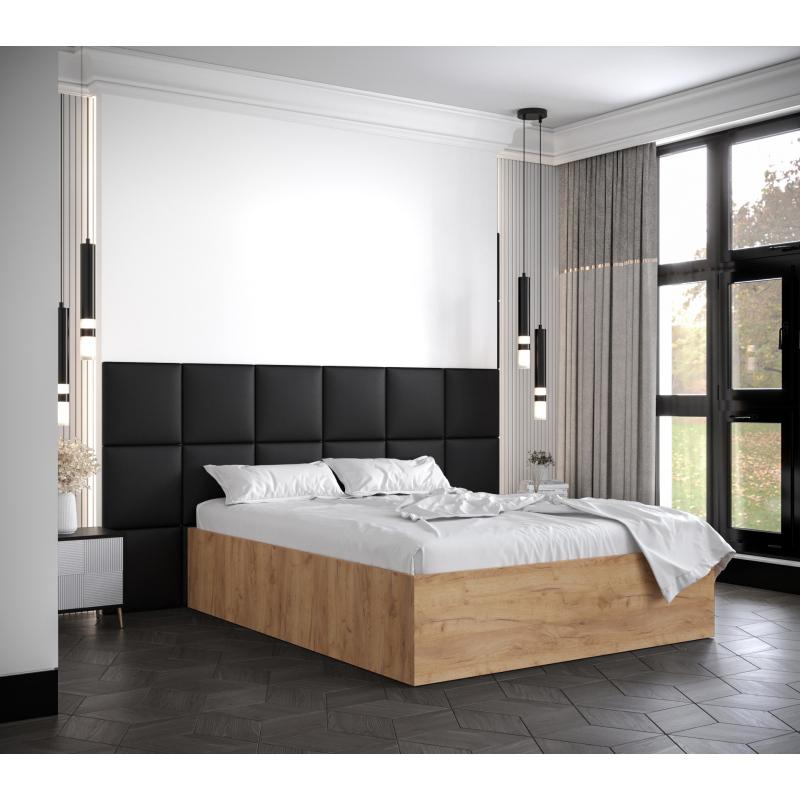 Manželská postel s čalouněnými panely MIA 4 - 140x200, dub zlatý, černé panely z ekokůže
