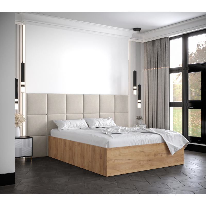 Manželská postel s čalouněnými panely MIA 4 - 140x200, dub zlatý, béžové panely