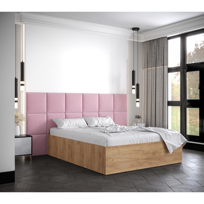 Manželská postel s čalouněnými panely MIA 4 - 140x200, dub zlatý, růžové panely