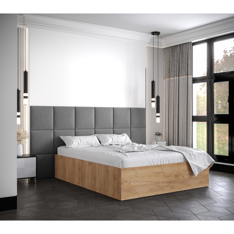 Manželská postel s čalouněnými panely MIA 4 - 140x200, dub zlatý, šedé panely
