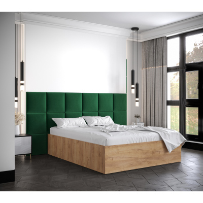 Manželská postel s čalouněnými panely MIA 4 - 140x200, dub zlatý, zelené panely