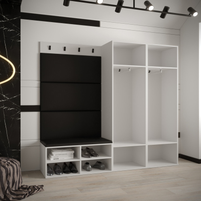 Předsíňový nábytek s čalouněnými panely HARRISON - bílý, černé panely z ekokůže