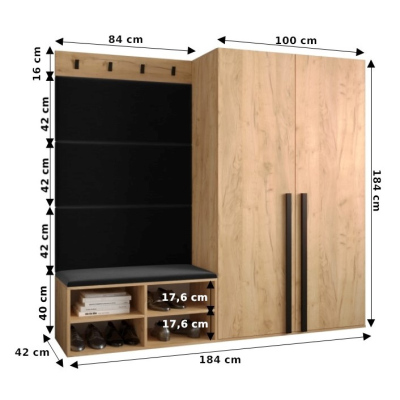 Předsíňový nábytek s čalouněnými panely HARRISON - bílý, černé panely z ekokůže