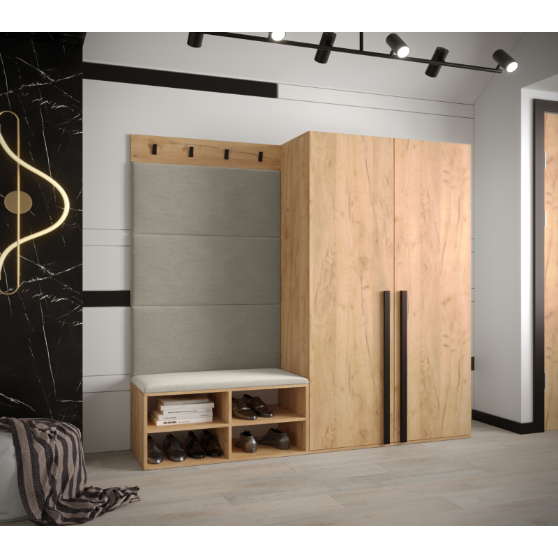 Předsíňový nábytek s čalouněnými panely HARRISON - dub zlatý, béžové panely