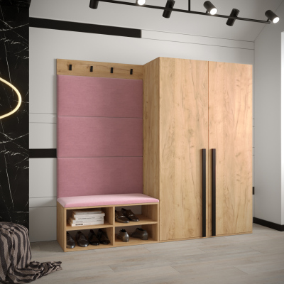 Předsíňový nábytek s čalouněnými panely HARRISON - dub zlatý, růžové panely