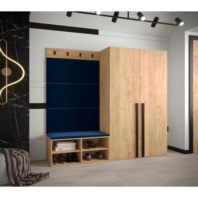 Předsíňový nábytek s čalouněnými panely HARRISON - dub zlatý, modré panely