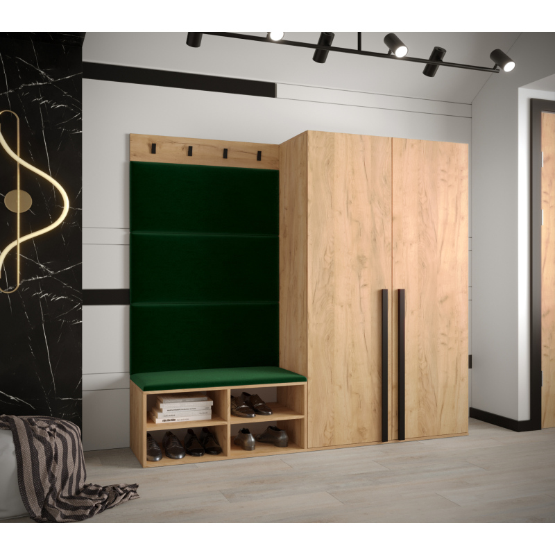 Předsíňový nábytek s čalouněnými panely HARRISON - dub zlatý, zelené panely