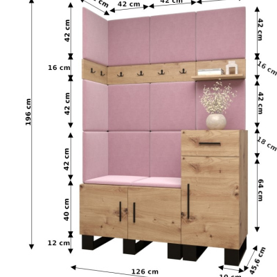 Předsíňová sestava RUMIE 10 - dub artisan, růžové panely