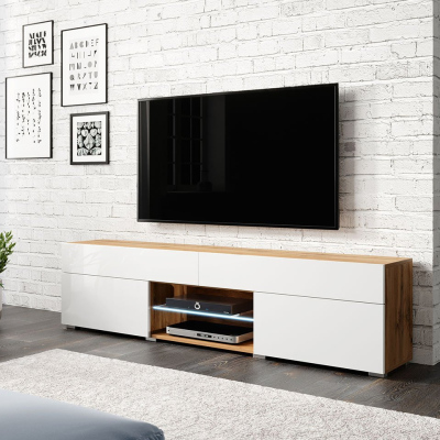 Televizní stolek s LED osvětlením CHIKAKO - dub wotan / lesklý bílý