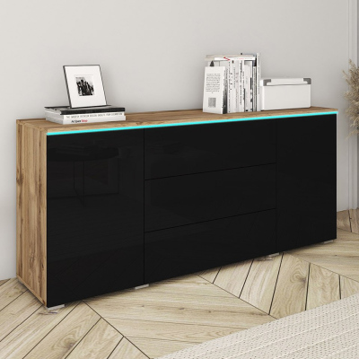 Kombinovaná komoda s RGB LED osvětlením AKASURI - dub wotan / lesklá černá