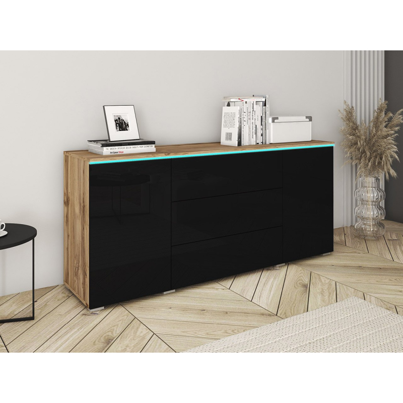 Kombinovaná komoda s RGB LED osvětlením AKASURI - dub wotan / lesklá černá