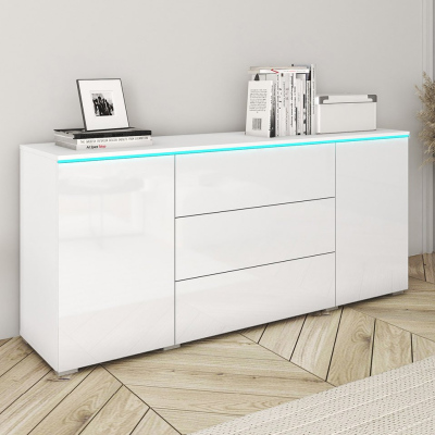 Kombinovaná komoda s bílým LED osvětlením AKASURI - bílá / lesklá bílá